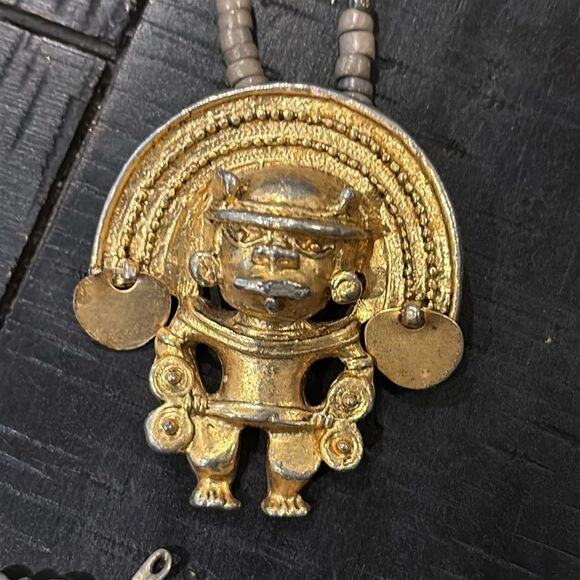 Vintage Anthropomorphic Figure Diadem Gold Tone Aztec Massive Pendant Necklace - Picture 3 of 8